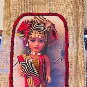 Colorful handmade original Doll Art on Burlap plastic bag holder